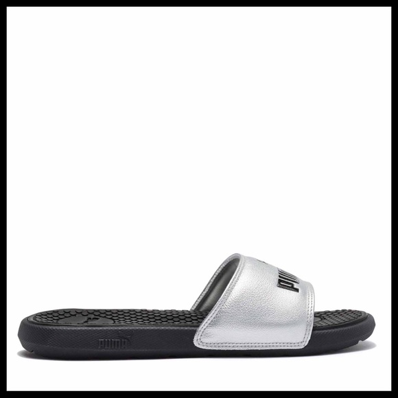 PUMA SILVER BLACK SLIDES SANDALS CAT SLIP ONS A2C - Picture 3 of 8